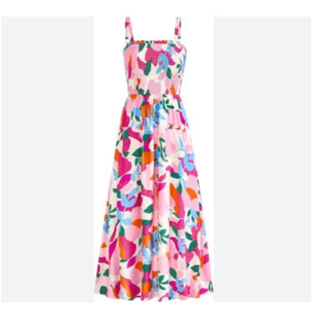 Boho Smocked Floral Maxi Dress Square Neck Spaghetti Strap Pocket Cottagecore M